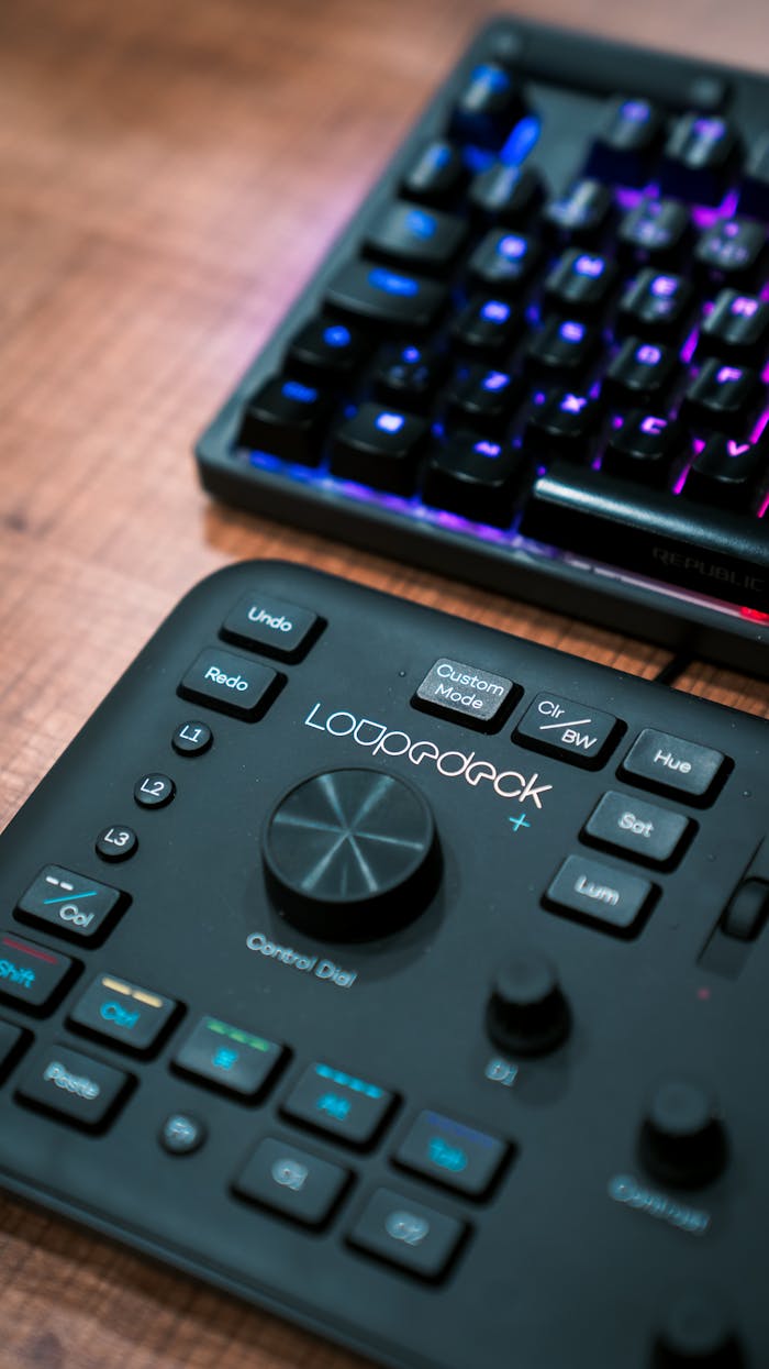 High-angle view of a sound mixer and RGB keyboard for creative editing setups.
