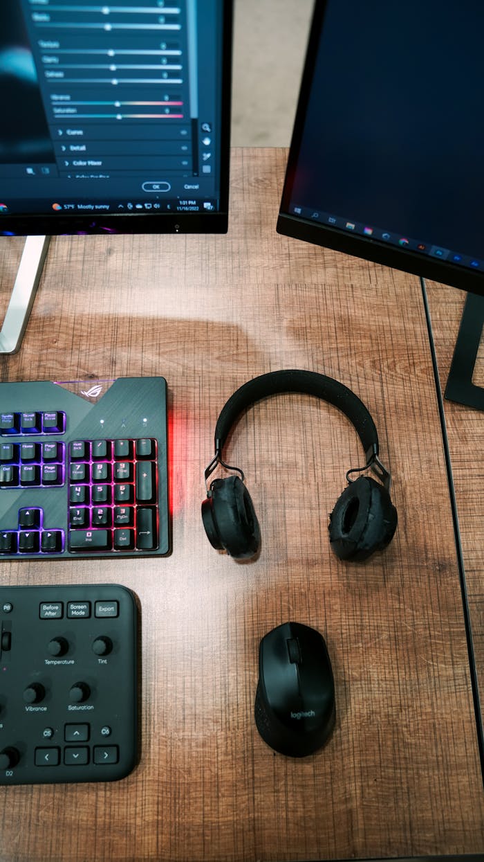 Top view of a tech-savvy desk setup with headphones, keyboard, and dual monitors.